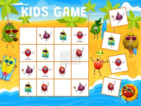Téléchargez les illustrations : Sudoku kids game, cartoon fruits characters on summer beach, vector quiz puzzle. Sudoku riddle worksheet grid to find and match lychee, fig and nectarine with papaya on summer sea holiday or vacations - en licence libre de droit