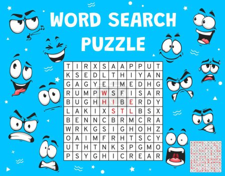 Illustration for Cartoon emoji face expression, word search puzzle game worksheet, vector word quiz. Search and find word grid riddle with cartoon emoticons and smile emoji expressions, word puzzle game - Royalty Free Image