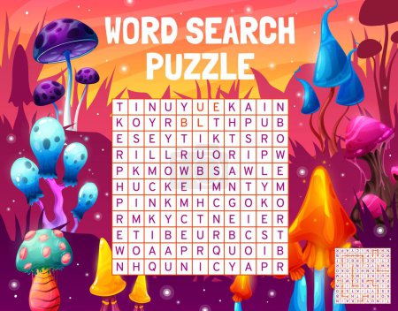 Ilustración de Magic alien mushrooms, word search puzzle game worksheet, vector quiz grid. Kids riddle quiz to search and find color words in grid of luminous mushroom limes and toadstools in fantasy forest - Imagen libre de derechos