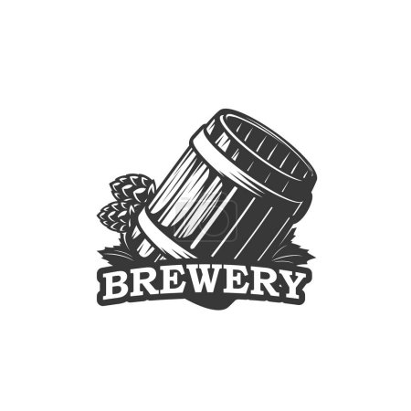 Illustration for Beer brewery icon of barrel and hop, craft beer pub and bar vector label. Beer brewery emblem of alcohol drink and beverage products company sign, ale or stout beer bottle and Oktoberfest sign - Royalty Free Image
