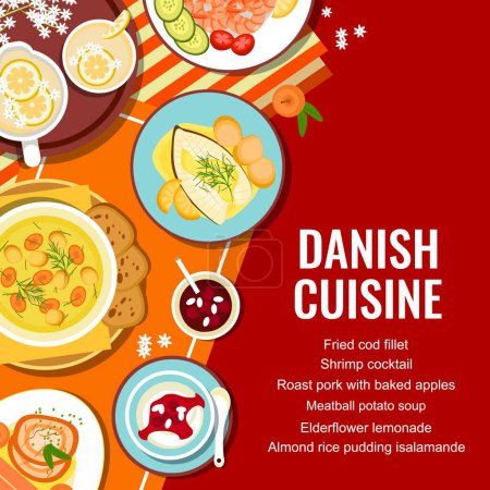 Illustration for Danish cuisine menu cover page template. Roast pork with baked apples, pork belly with parsley sauce and meatball potato soup, elderflower lemonade, cod fillet and pudding Risalamande, shrimp cocktail - Royalty Free Image