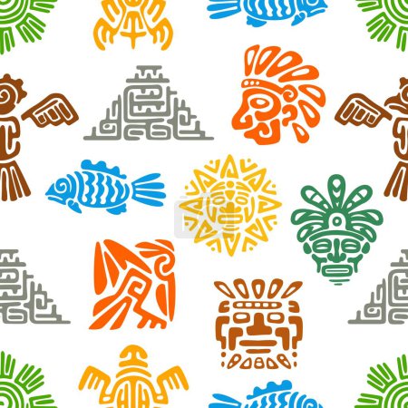 Téléchargez les illustrations : Mayan Aztec totems seamless pattern. Fabric or textile print, wrapping paper color backdrop with Mexico native Maya culture, Aztec indian pyramid, fish and sun, eagle, face mask symbols ornament - en licence libre de droit