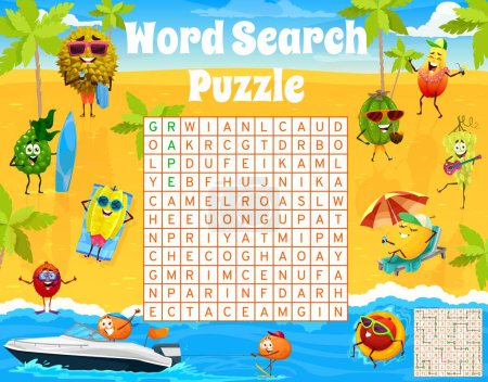 Téléchargez les illustrations : Cartoon fruits characters on summer beach, word search puzzle game, vector quiz. Mandarin on speedboat cherimoya with surfboard and durian on summer holiday vacations in word search game worksheet - en licence libre de droit
