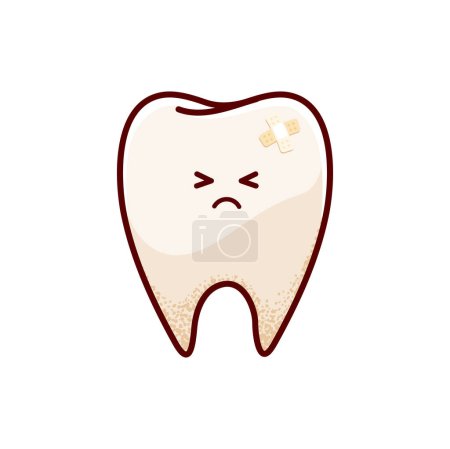 Illustration for Cartoon sick tooth character. Dental problem or disease, oral hygiene, teeth paint or carries damage. Injured and unhealthy molar tooth isolated vector personage closed eyes face with medical patch - Royalty Free Image