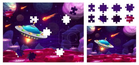 Ilustración de Space landscape and UFO. Jigsaw puzzle game pieces. Find right fragment children quiz, piece matching game vector worksheet with alien saucer spaceship, fantastic galaxy planet with lava in craters - Imagen libre de derechos