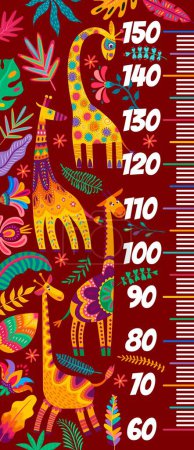Téléchargez les illustrations : Kids height chart. Cartoon African giraffes. Children height centimeters scale, kids growth meter or child height vector chart with African animals, funny ornate giraffes and colorful plants leaves - en licence libre de droit