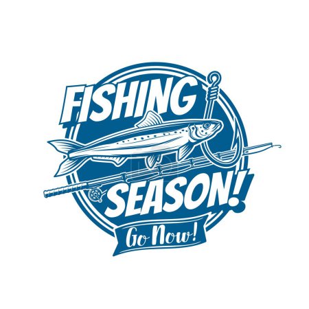 Téléchargez les illustrations : Fishing season icon. Fishing club, outdoor recreation hobby camp or fisherman equipment shop retro vector emblem, symbol or vintage circle icon with sprat fish catch, rod and hook - en licence libre de droit