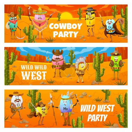 Téléchargez les illustrations : Wild west party. Western cartoon cowboy, sheriff, bandit and robber vitamin characters. Cowboy party horizontal backgrounds, vector banners with K, P, I, Ca and Cu, Zn, Mg native american personages - en licence libre de droit