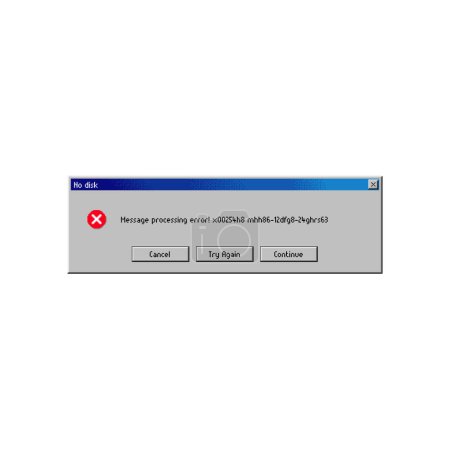 Illustration for Error message window on disk access failure, computer system vector popup notification. File access or install process error message on disk initialization fail, Cancel, Try Again and Continue buttons - Royalty Free Image