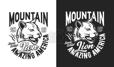 Illustration for Mountain lion mascot, t-shirt print for hunting sport and hunters club, vector emblem. Angry cougar lion or puma panther for African Safari open season badge or hunting club t-shirt print - Royalty Free Image