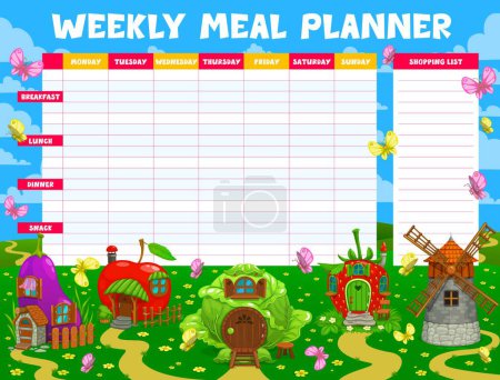 Illustration for Weekly meal planner, fairytale magic houses and dwellings. Vector timetable with eggplant, apple, cabbage, strawberry and windmill homes. Week food plan organizer for dieting with shopping list field - Royalty Free Image