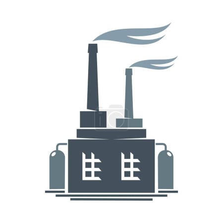 Illustration for Factory building, industrial plant icon. Heavy industry and manufacturing, energy and chemicals production vector symbol, fuel refinery and environment pollution sign with factory tanks and chimneys - Royalty Free Image