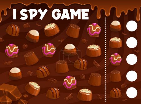 Illustration for I spy game. Chocolate praline and fudge candy. Souffle and coconut, truffle and jelly, hazelnut and cocoa bonbon. Object counting puzzle vector worksheet, calculation kids quiz with chocolate candies - Royalty Free Image