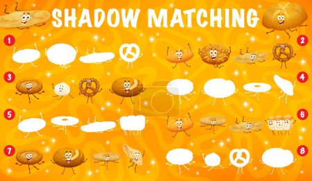 Illustration for Shadow matching game. Cartoon pastry, bakery and bread characters. Shadow match, similarity search find game vector worksheet with chapati, tandoor flatbread, loaf and tortilla, damper and tiger bread - Royalty Free Image