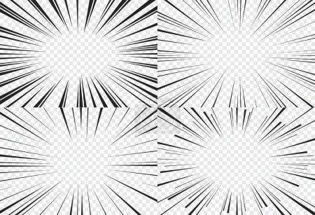 Illustration for Manga transparent background, comic explosion. Abstract vector anime comics book flash light frames, monochrome borders with radial lines. Super hero burst, ray blast glow, speed motion effect - Royalty Free Image