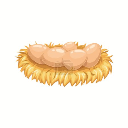 Téléchargez les illustrations : Cartoon chicken eggs in nest, isolated vector birds straw housing with fresh brown eggs. Natural food, poultry farm production - en licence libre de droit