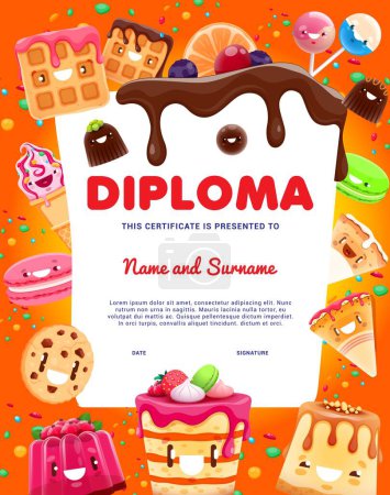 Illustration for Kids diploma cartoon bakery, cookie, cake and pie dessert characters. Vector certificate template with kawaii ice cream, macaroon, wafer and chocolate candy. Pudding, lollipop confection personages - Royalty Free Image