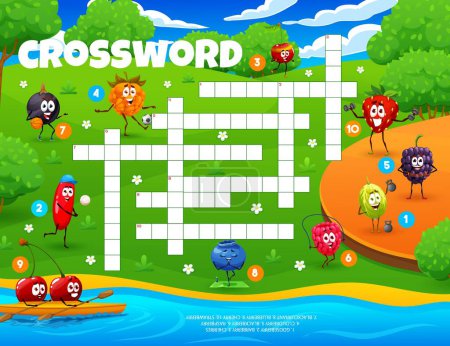 Téléchargez les illustrations : Crossword grid cartoon cheerful berry characters on summer vacation, quiz game. Vector cross word puzzle worksheet with barberry, black currant, cloudberry and cherry. Blueberry, raspberry, gooseberry - en licence libre de droit