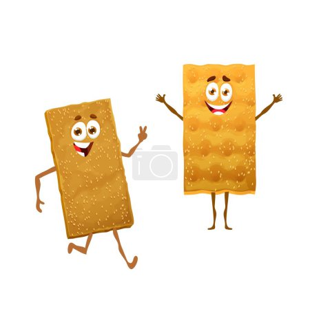 Illustration for Cartoon scandinavian knakerbrot character. Isolated vector funny slices of traditional crisp bread, cute knackebrod with sesame seeds food personages smiling and waving hands. Healthy crispbread meal - Royalty Free Image