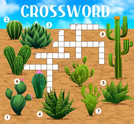 Illustration for Crossword quiz game grid. Mexican prickly cactus succulents. Crossword puzzle, word search vocabulary quiz vector worksheet with Texas desert prickly succulent plants, Mexican nature cactuses - Royalty Free Image