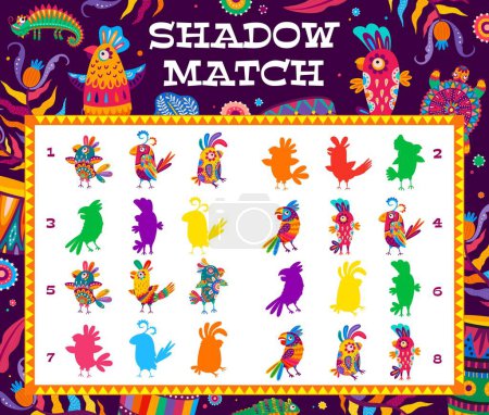 Illustration for Shadow match game. Mexican and brazilian parrots, jungle forest funny animals and cartoon colorful birds on kids puzzles book page vector template, children game worksheet or shadow matching quiz - Royalty Free Image