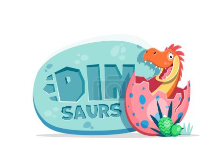 Illustration for Cartoon funny dinosaur character and dino egg. Isolated vector design with orange toothy baby dino in pink egg and text on stone oval plate. Lovely dragon or jurassic monster design for children - Royalty Free Image
