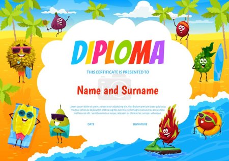 Illustration for Kids diploma cartoon fruits characters on summer beach. Horizontal vector school certificate with bergamot, durian, figs, carambola and dragon fruit, plum and pear personages relax at seaside - Royalty Free Image