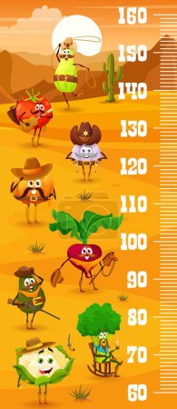 Kids height chart ruler, cowboy ranger, sheriff and robber vegetables on Wild West, vector growth meter. Baby tall measure ruler with cartoon western pumpkin sheriff, tomato ranger and avocado bandit