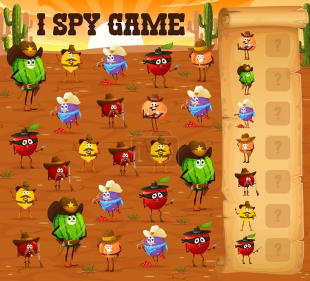 Illustration for I spy game, cartoon fruit cowboy, ranger, sheriff and robber characters, vector quiz worksheet. Orange cowboy, apple bandit ranger and watermelon sheriff on kids puzzle riddle to find two same picture - Royalty Free Image