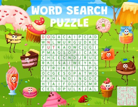 Téléchargez les illustrations : Word search puzzle game, cartoon desserts, sweets and cake characters on meadow, vector quiz. Chocolate donut and cupcake muffin with macaroon and jelly pudding in word search quiz grid worksheet - en licence libre de droit