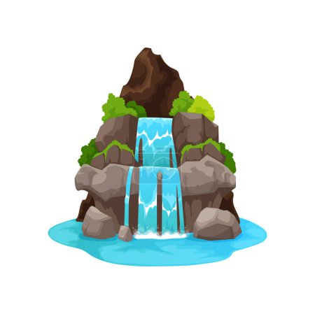 Téléchargez les illustrations : Cartoon water cascade, jungle waterfall. Isolated jungle rainforest, mountain river stream landscape. Vector scene with blue water waterfall, clean aqua cascade falling from rocks in lake - en licence libre de droit