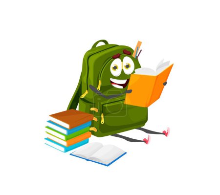 Ilustración de Cartoon schoolbag character reading the book. Back to school isolated vector cheerful personage, college student or school pupil funny backpack with stationery, stack of books - Imagen libre de derechos