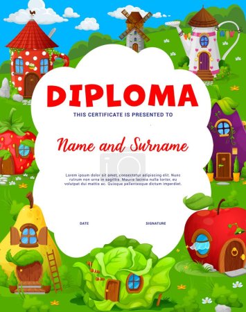Téléchargez les illustrations : Kids diploma. Cartoon fairytale houses and dwellings. Child appreciation diploma, kids competition winner vector certificate with fairy creature homes in teapot, pear, cabbage and apple, eggplant - en licence libre de droit