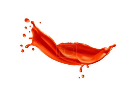 Téléchargez les illustrations : Tomato ketchup swirl splash. Red paint, sauce or tomato juice wave 3d ripples, beverage spill with frozen splatters motion, ketchup or juicy drink realistic isolated vector flow splash - en licence libre de droit