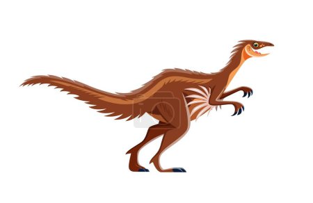 Ilustración de Cartoon Troodon dinosaur character. Mesozoic era wildlife monster or reptile, extinct dinosaur. Paleontology beast, isolated ancient predator lizard vector comical personage with feather - Imagen libre de derechos