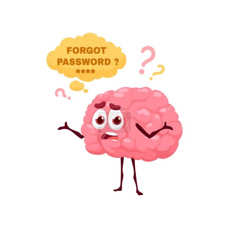Ilustración de Forgot password cartoon brain character. Isolated vector funny human cranium personage with upset face, arms and legs and question marks around trying to remember login and password for profile access - Imagen libre de derechos