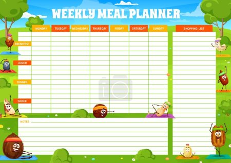 Ilustración de Kids yoga and fitness class, weekly meal planner. Vector menu calendar or timetable with funny nuts and beans meditate on summer field. Personal dieting or exercise week plan template for children - Imagen libre de derechos