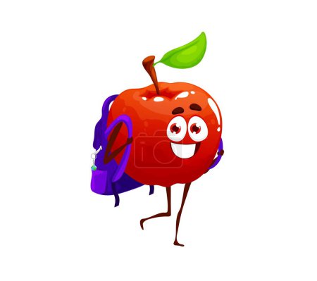 Ilustración de Cartoon red apple character with schoolbag. Student or pupil dinner or b kids education and back to school cheerful personage, isolated vector apple fruit walking with backpack - Imagen libre de derechos