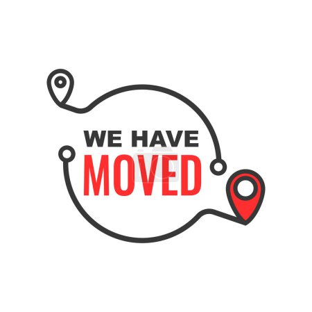 Téléchargez les illustrations : We moved thin line symbol or icon. Relocation and move minimal sign, business or shop address change announcement label or vector outline icon with route point and navigation pins - en licence libre de droit