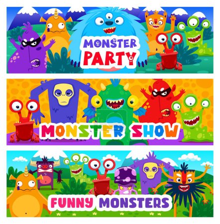 Téléchargez les illustrations : Cartoon monster characters. Vector party or show invitation banners with funny alien personages, invite cards for event, holiday or birthday with cute fluffy fairy tale beasts personages - en licence libre de droit