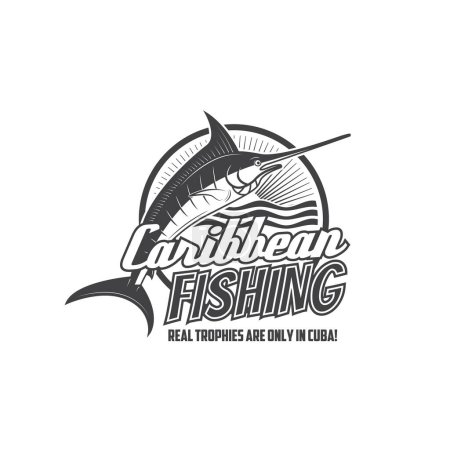 Téléchargez les illustrations : Caribbean fishing icon. Marlin fish, billfish or swordfish, sea water waves and sunset on fishing sport competition or diving club retro emblem, monochrome vector symbol or icon - en licence libre de droit