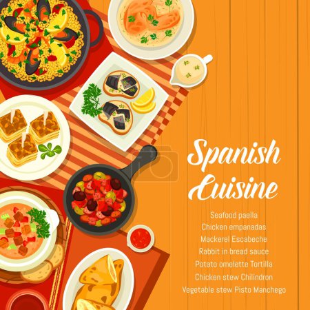 Illustration for Spanish cuisine menu cover, Spain food dishes and tapas meals, vector. Traditional Spanish seafood paella and chicken empanadas, vegetable stew Pisto Manchego, potato omelette and mackerel escabeche - Royalty Free Image