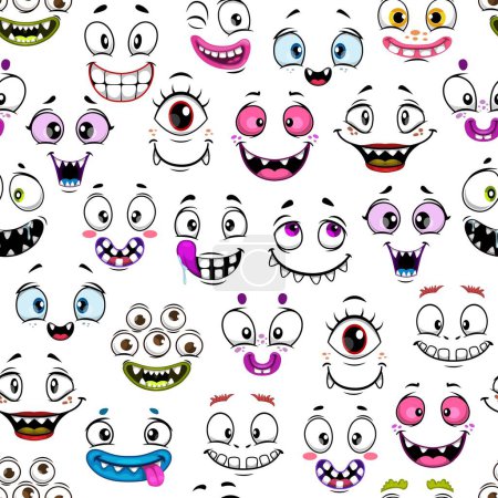 Téléchargez les illustrations : Scary and eerie cartoon face emoji seamless pattern. Vector background with monster muzzles, creepy creatures happy emotions. Beasts with smiling toothy mouth. Halloween aliens on white backdrop - en licence libre de droit