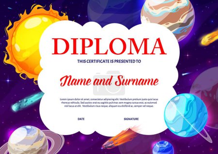 Illustration for Kids diploma. Cartoon space planets and stars. Competition winner certificate, education achievement or graduation vector diploma with sun, fiery comets, Saturn, Neptune, Venus and Uranus planets - Royalty Free Image