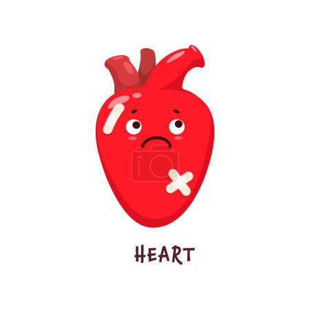Illustration for Heart sick body organ character. Injured and unhealthy organ vector personage. Heart attack, health and physiology problem, medical diagnosis, circular and cardiovascular system internal organ disease - Royalty Free Image