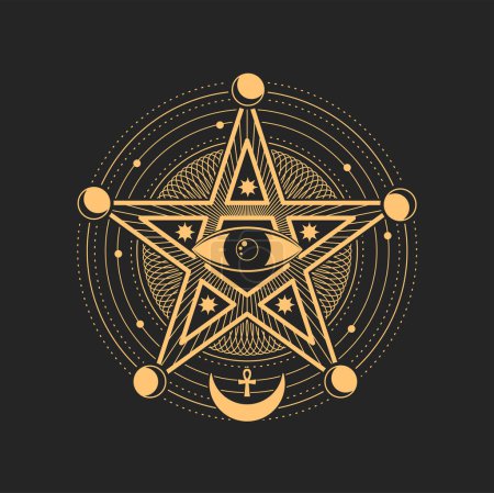 Ilustración de Símbolo oculto esotérico, signo vectorial de la tarjeta del tarot mágico. Ojo de Providencia dentro del círculo con estrella pentagrama, media luna, luna y estrellas alrededor. Albañil espiritual o illuminati simbólico, amuleto - Imagen libre de derechos