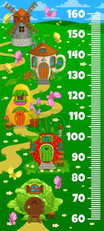 Téléchargez les illustrations : Kids height chart fairytale magic house and dwellings, vector growth meter. Baby tall measure ruler with cartoon homes of fairy gnome and elf in teapot, windmill house and strawberry or cabbage - en licence libre de droit
