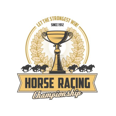 Illustration for Horse racing retro icon, vector silhouettes of horses and jockeys with equestrian sport competition trophy. Racehorse derby tournament gold winner cup with heraldic laurel wreath and race horses - Royalty Free Image