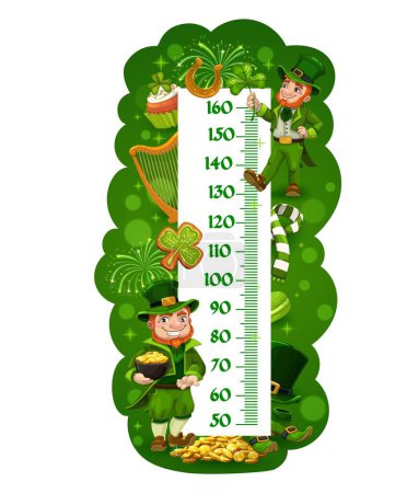 Illustration for Kids height chart with cartoon leprechauns. Vector growth measure meter or wall ruler sticker with centimeter scale, St Patrick leprechauns, pot of gold, lucky shamrock leaf and golden horseshoe - Royalty Free Image