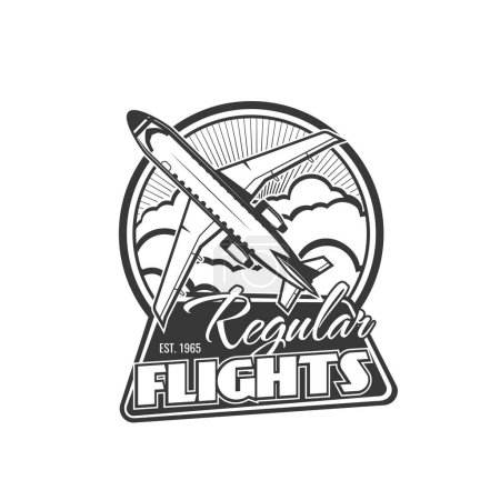 Téléchargez les illustrations : Regular aviation flights icon. Airline travel flights vintage emblem with passenger airliner in clouds and retro typography. Airplane transportation and commercial flights vector monochrome icon - en licence libre de droit